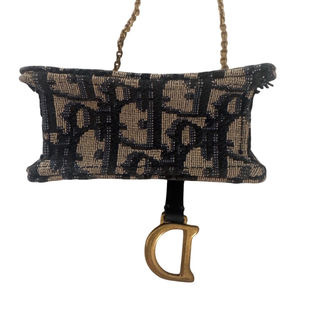 CHRISTIAN DIOR Vertical Saddle Chain Pouch Oblique Canvas Navy Blue Beige Gold - Picture 5 of 5